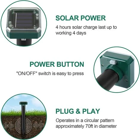 FVBJD Lot De 4 Répulsifs à Ultrasons Carrés à énergie Solaire - Répulsif à Taupes Soniques - Répulsif à Taupes - Répulsif Pour Campagnols - Pour Pelouse De Jardin Et De Cour, Répulsif Anti-rongeurs – Image 4