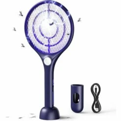ZOLGINAH Raquette Electrique Insectes 4000V, USB Rechargeable Raquette Anti Moustique Avec Base, Éclairage LED, Double Couche De Protection En Maille, Efficace Contre Les Insectes Et Moustiques, Bleu